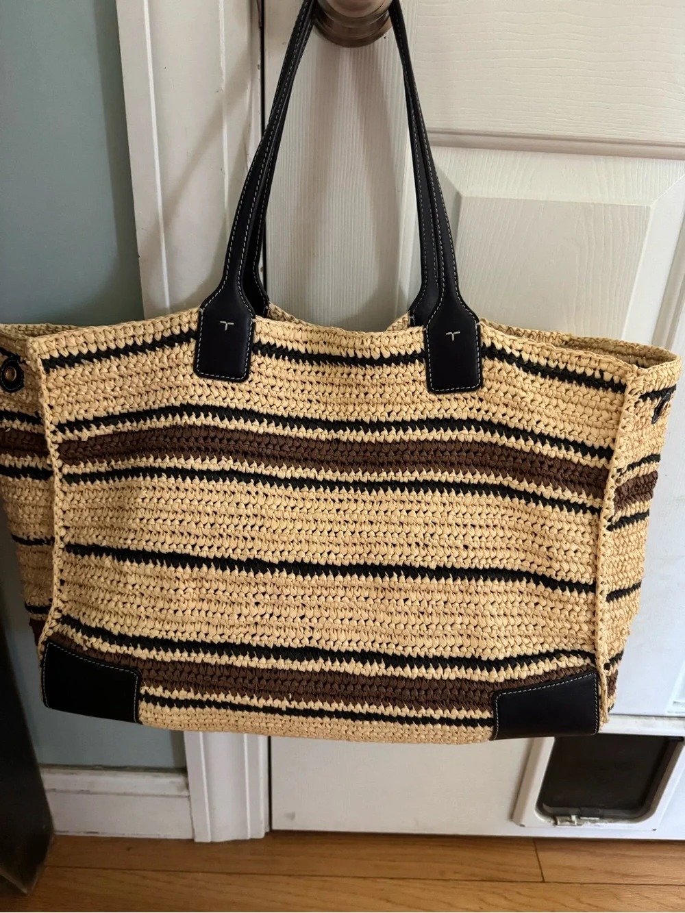 Tory Burch Crochet Stripe Tote in Natural, Brown and Black
